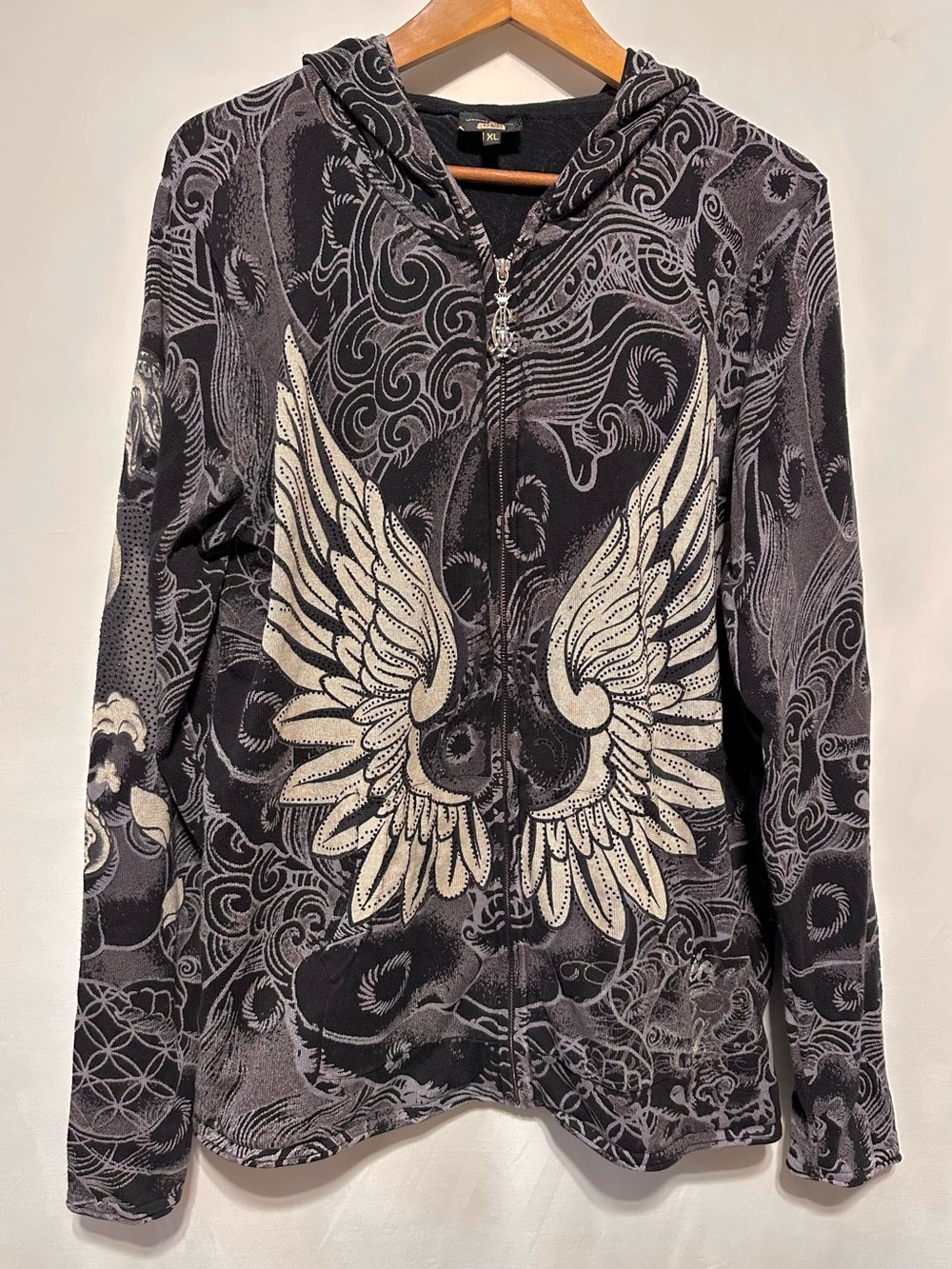 Christian Audigier Y2K Studded Angel Wing Graphic Zip Hoodie XL
